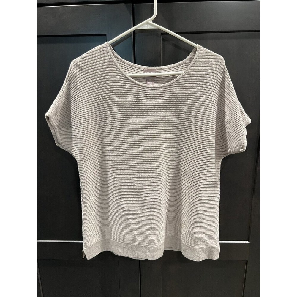 Chicos Beige Short Sleeve Horizontal Ribbed Slit Hem Sweater Size 1